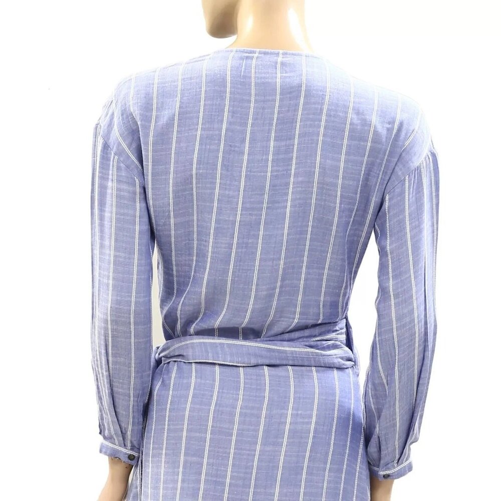 Sezane Robe Laurette Midi Dress Wrap Striped Embroidered Long Sleeve XL44 278238 - Picture 8 of 9